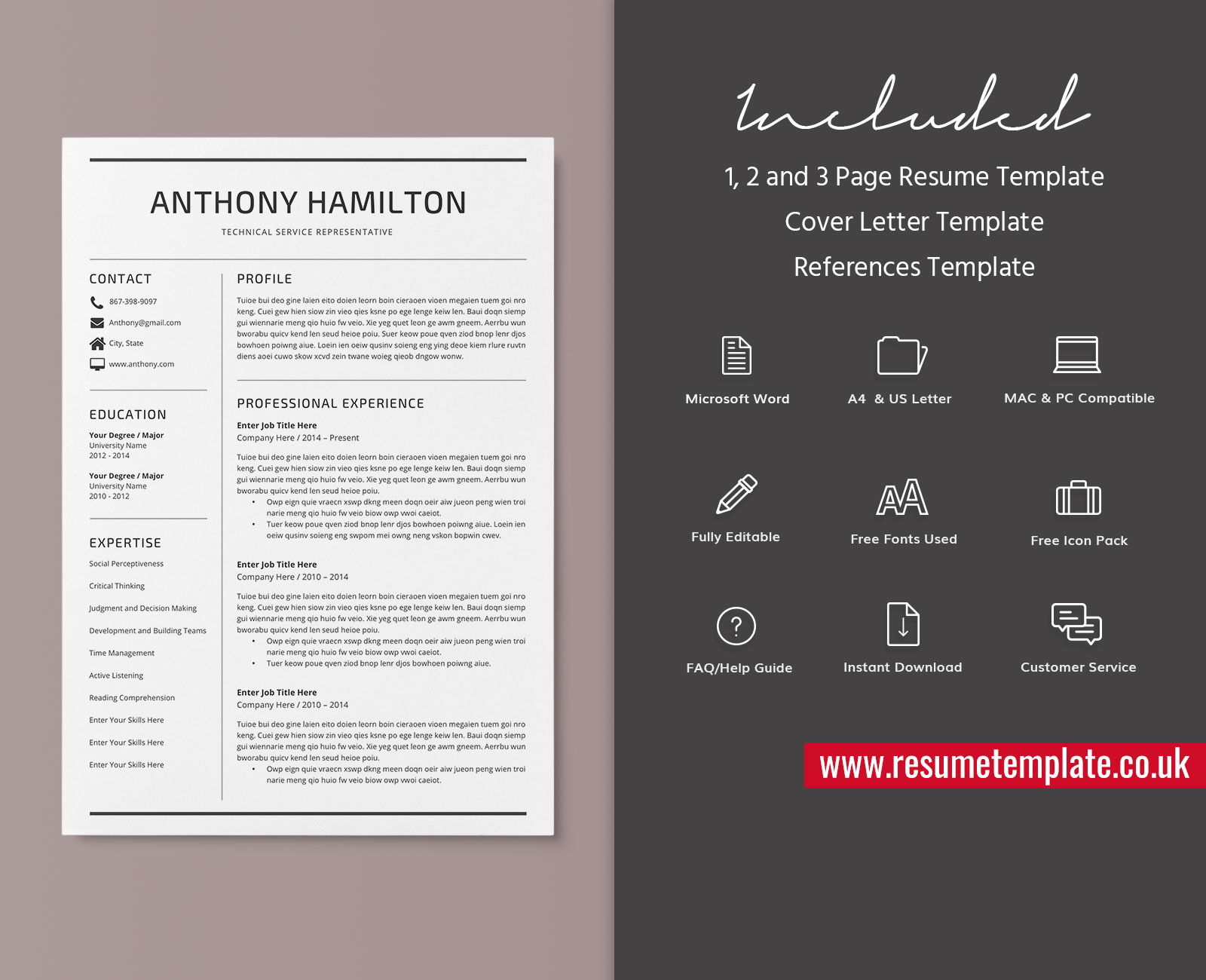 Simple Resume CV Template Professional - Www.ResumeTemplate.co .uk Anthony Included 