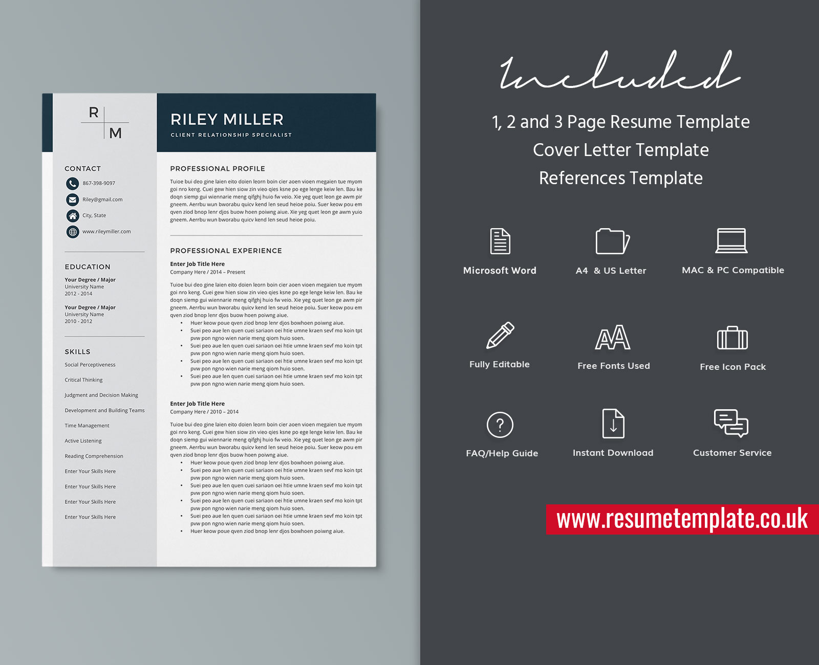 Professional Resume Template For Ms Word Creative Cv Template Design Editable Modern Resume Cover Letter And References For Instant Download Riley Resume Resumetemplate Co Uk